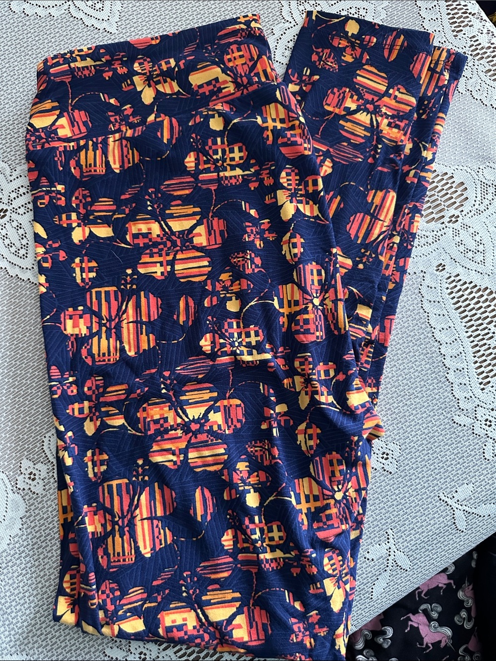 LuLaRoe Navy Leggings with Orange, Yellow Floral Print - 5/$25 Deal!